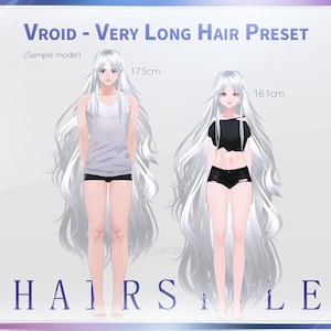 May include: Two anime characters with long white hair. The character on the left is 175cm tall and the character on the right is 161cm tall. The text "VROID - VERY LONG HAIR PRESET" is at the top of the image. The text "HAIRSTYLE" is at the bottom of the image.