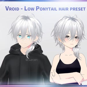 May include: A digital illustration of a white haired character with a low ponytail. The character is wearing a black hoodie and a black tank top. The image is titled "VROID - Low Ponytail Hair Preset".