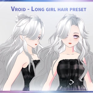 May include: A digital illustration of a white haired anime character with long hair, wearing a black strapless dress. The character has purple eyes and red lips. The image is titled "VROID - Long Girl Hair Preset".
