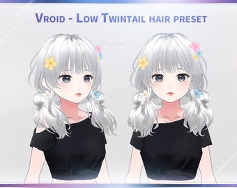 Op de afbeelding: Twee anime-achtige personages met zilver haar gestyled in lage paardenstaarten. Elk personage draagt een zwarte top en heeft bloemen haaraccessoires. De tekst "Vroid - Low Twintail Hair Preset" wordt bovenaan weergegeven.