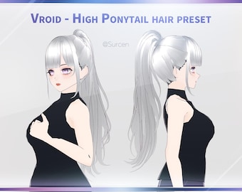Op de afbeelding: Digitale illustratie van een anime-personage met zilver haar in een hoge paardenstaart. Het personage draagt een zwarte mouwloze top. De afbeelding bevat de tekst "Vroid - High Ponytail Hair Preset" en de gebruikersnaam "@Surcen".