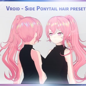 Puede incluir: Un preset de pelo rosa con coleta lateral para avatares de Vroid. El pelo está peinado en una larga coleta fluida con ondas sueltas.
