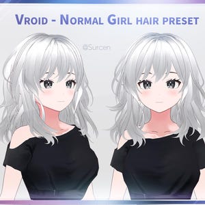 以下が含まれることがあります： 銀髪と黒いトップスを着た、アニメスタイルの女性の姿が2人描かれた画像です。「Vroid - Normal Girl Hair Preset」というテキストが上部に表示され、その下にユーザー名「@Surcen」があります。肌は白く、頬はピンク色です。
