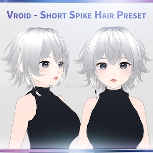 Könnte beinhalten: Zwei digitale Avatare mit kurzen, stacheligen, silbernen Haaren. Beide Avatare tragen schwarze Rollkragenpullover. Der Text "VROID - SHORT SPIKE HAIR PRESET" befindet sich oben im Bild.