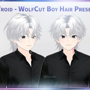 May include: A digital character model featuring a white wolf-cut hairstyle, dark eyes, and a black collared shirt. The text VROID - WOLFCUT BOY HAIR PRESET is displayed at the top, with the small text @Surcen visible near the center.