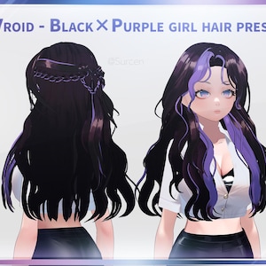 May include: A digital illustration of a female character with long, wavy black hair with purple streaks. The character is wearing a white shirt and a black skirt. The text "VROID - BLACK x PURPLE GIRL HAIR PRESET" is at the top of the image.