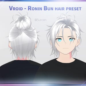 Könnte beinhalten: Digitale Illustration eines Charakters mit weißen Haaren, die zu einem Dutt gebunden sind, mit Vorder- und Rückansicht. Der Charakter hat blaue Augen und trägt ein schwarzes T-Shirt. Der Text oben lautet "Vroid - Ronin Bun Hair Preset".
