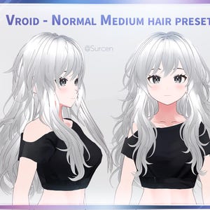以下が含まれることがあります： 長い銀色の髪を持つ女性アニメキャラクターのデジタルイラスト。キャラクターは黒いオフショルダーのトップスを着ています。「Vroid - Normal Medium Hair Preset」というテキストが上部にあります。