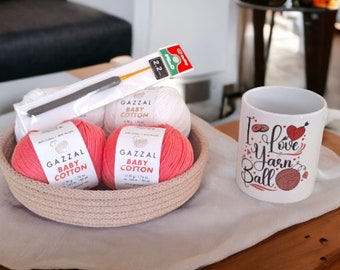 Mug and Yarn For Knitter, Gift For Mother's Day, Knitting Lover Gift,Knitting Themed Gift Basket, Custom,Gazzal Yarn Design Cup For Crafters