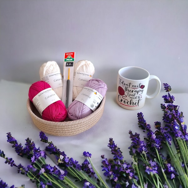 Custom Mug for Knitting Lovers,Mug and Yarn for Mother's Day, Catania Yarns,Cotton Knitting Threads,Cord Rope Basket,Gift Basket For Knitter