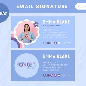 Blue Email Signature Template Canva - Playful Boho Branding Business Email - Outlook Gmail Custom Signature - Kiiro Creates Forget Me Not