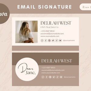 Può includere: Modello di firma e-mail con sfondo marrone e una foto di una donna con una camicia bianca. Il testo recita "DELILAH WEST, CEO, Dear Jane Co." e include informazioni di contatto, icone dei social media e il testo "Dear Jane,".