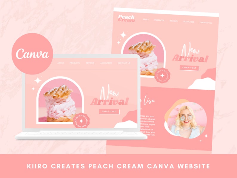 Op de afbeelding: Een roze en witte website-ontwerp voor een bakkerij genaamd "Peach Cream" met de tekst "Nieuwe Aankomst" en een afbeelding van een gebakje met roze glazuur. De website is ontworpen met Canva.