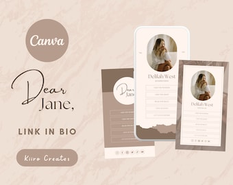 Puede incluir: Una plantilla de redes sociales con un fondo marrón y un círculo con el texto "Dear Jane" en blanco. La plantilla tiene una lista de enlaces con el texto "Visita el sitio web", "Visita la tienda", "Lee el blog", "Ver nuestros servicios" y "Obtén tu obsequio gratis". La plantilla también tiene iconos de redes sociales para Facebook, Instagram, Twitter y YouTube.