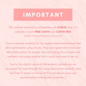 Op de afbeelding: Een roze en witte marmeren achtergrond met een tekstoverlay die "BELANGRIJK" luidt. De tekst legt uit dat deze website-sjabloon alleen compatibel is met Canva en bewerkbaar is in zowel Free Canva als Canva Pro. Er wordt ook vermeld dat Canva-websites geen geavanceerde functies zoals SEO-optimalisatie, plug-ins, enz. ondersteunen en dat restituties niet worden geaccepteerd.