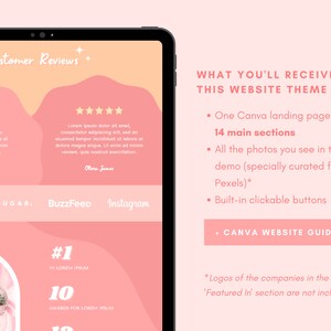 Op de afbeelding: Een roze en oranje tablet-scherm dat een website-template-ontwerp weergeeft met de tekst "Customer Reviews" en "What You'll Receive in This Website Theme". Het website-template heeft een roze en oranje kleurenschema met een golvend ontwerp. De tekst op het scherm bevat een lijst met functies, zoals "One Canva landing page with 14 main sections", "All the photos you see in the live demo (specially curated from Pexels)*", "Built-in clickable buttons", and "Canva Website Guide!"