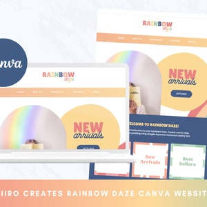 Puede incluir: Un ordenador portátil que muestra un sitio web para un negocio llamado "Rainbow Daze". El sitio web presenta un diseño de arcoíris y el texto "Nuevas llegadas" y "¡Vamos!".