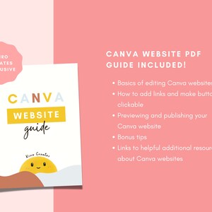 Op de afbeelding: Een roze achtergrond met een wit vierkant in het midden. Het vierkant bevat een kleurrijke afbeelding van het woord "CANVA" en de tekst "WEBSITE guide". Het vierkant bevat ook een cartoonzon met een glimlachend gezicht. De tekst "KIIRO CREATES EXCLUSIVE" staat in een roze cirkel in de linkerbovenhoek. De tekst "CANVA WEBSITE PDF GUIDE INCLUDED!" staat in zwarte tekst bovenaan de roze achtergrond. Onder de tekst staan vijf opsommingstekens die de inhoud van de gids beschrijven.