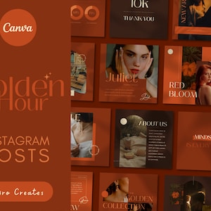 Könnte beinhalten: Eine Sammlung von Instagram-Post-Vorlagen mit einem Golden-Hour-Thema. Die Vorlagen zeigen eine Vielzahl von Bildern, darunter eine Frau mit roten Haaren, eine Frau mit braunen Haaren und eine Frau mit blonden Haaren. Die Vorlagen enthalten auch Text, wie "Golden Hour", "Juliet", "Red Bloom", "Mindset is Everything" und "The Golden Collection".