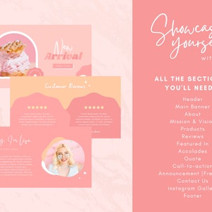 Op de afbeelding: Een roze en gele website-sjabloon met de tekst "Showcase Yourself" en "All the Sections You'll Need!" De sjabloon bevat secties voor een koptekst, een hoofdbanner, over ons, missie en visie, producten, beoordelingen, in de schijnwerpers, onderscheidingen, citaat, call-to-action, aankondiging, contact, Instagram-galerij en voettekst.
