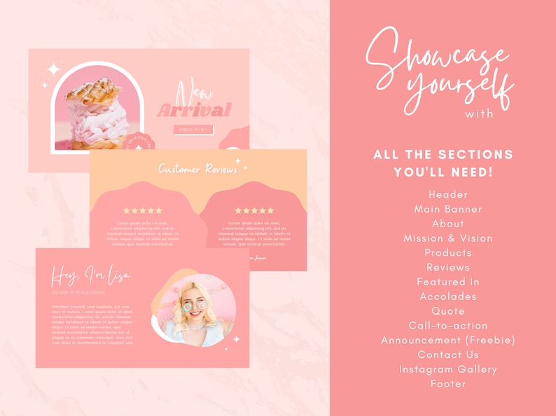 Op de afbeelding: Een roze en gele website-sjabloon met de tekst "Showcase Yourself" en "All the Sections You'll Need!" De sjabloon bevat secties voor een koptekst, een hoofdbanner, over ons, missie en visie, producten, beoordelingen, in de schijnwerpers, onderscheidingen, citaat, call-to-action, aankondiging, contact, Instagram-galerij en voettekst.