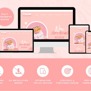 Op de afbeelding: Een website-ontwerpmockup voor een bakkerij genaamd "Peach Cream" met een roze en wit kleurenschema. De website wordt weergegeven op een desktopcomputer, laptop, tablet en smartphone. De website bevat een foto van een gebakje met roze glazuur en de tekst "Nieuwe Aankomst". Het website-ontwerp is volledig responsief en geoptimaliseerd voor alle apparaten. De website is gratis te hosten via Canva.