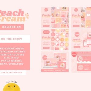 Op de afbeelding: Peach Cream Collection grafisch ontwerp sjabloon set voor sociale media. Inclusief Instagram-berichten, verhalen, hoogtepunten, link in bio, Canva-website en e-mailhandtekening. Het ontwerp heeft een perzik en cr&egrave;me kleurenschema met een retro, vintage esthetiek.