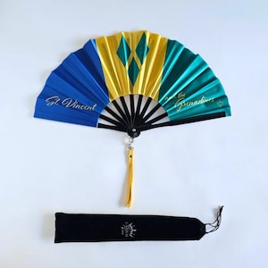 Bamboo Folding Hand Fan, Saint Vincent and thr Grenadines Flag, Clacking Festival Fan, Carnival Accessory, Gift for Her