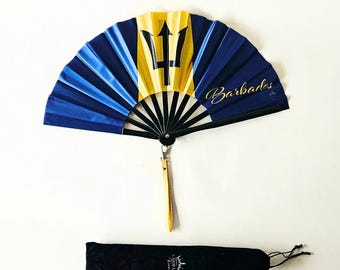 Bamboo Folding Hand Fan, Barbados Flag, Clacking Festival Fan, Carnival Accessory, Gift for Her