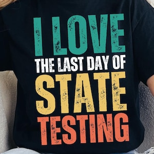 May include: A person wearing a black t-shirt with the text "I love the last day of state testing" in colorful, distressed lettering. The person is sitting on a white couch with a black and white checkered throw blanket.