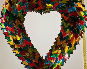 Handmade Upcycled Can Heart Wreath: Colourful Metal Leaf Wall Decor