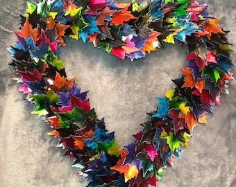Handmade, Upcycled drinks can, Heart, leaf, metal, wreath, wall hanging, gift, home decor, autumnal