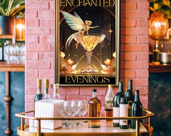 Vintage Bar Wall Art | Bar Cart Decor | Trendy Kitchen Print | Cocktail Fairy Painting | Enchanted Evening | Home Decor | Digital Download