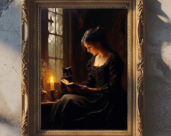 Victorian Bookish Girl Reading | Victorian Printable | Book Lover Gift | Moody Home Decor | Digital Download