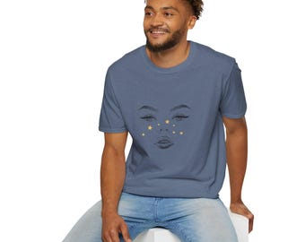 Addie LaRue Stars Freckles Softstyle T-Shirt, Etherial Face Design, Unisex Tee, Book Lover Gift, V E Schwab Fan Shirt