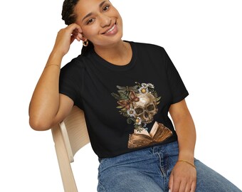 Dark Academia Goth Skeleton Flowers Unisex Softstyle T-Shirt - Reading Book, Gothic Shirt, Vintage Style Tee, Literary Gift, Retro Top