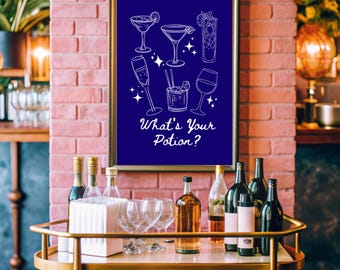 What&#39;s Your Potion | Bar Cart Art | Retro Bar Print | Home Decor | Digital Download