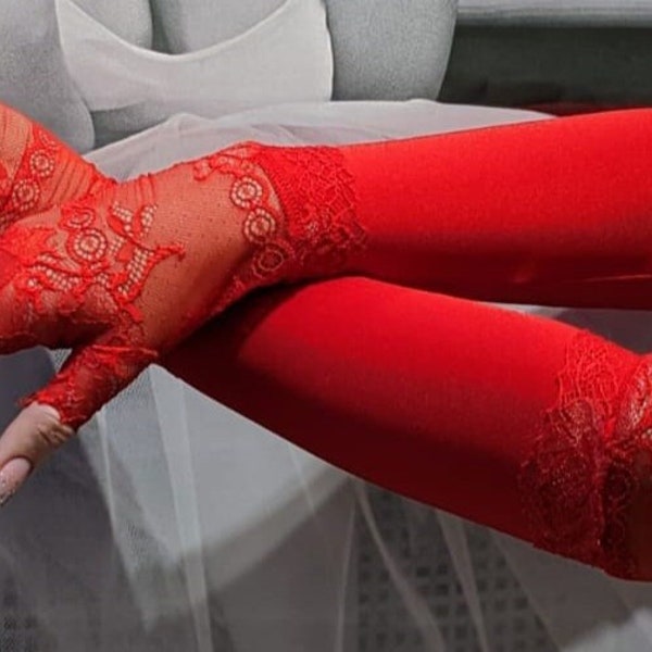 Red lace long fingerless gloves