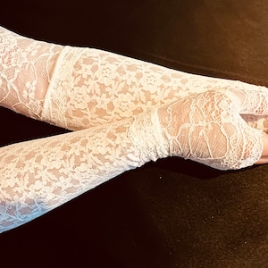 White floral lace long stretch lace top fingerless gloves
