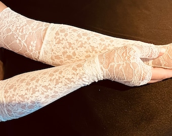 White floral lace long stretch lace top fingerless gloves