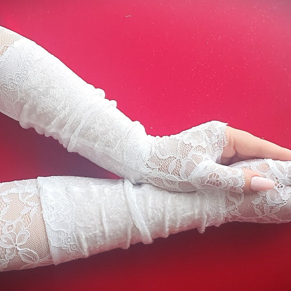 White velvet with lace long fingerless gloves