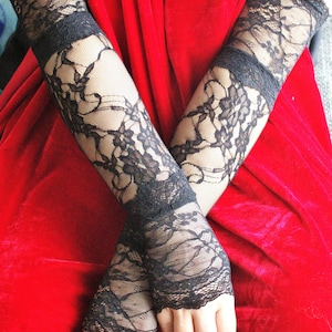 Long black  all lace fingerless gloves