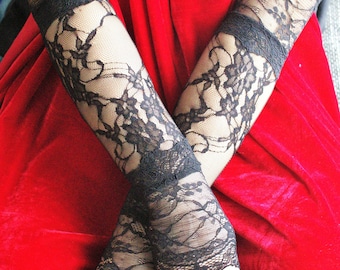 Long black  all lace fingerless gloves