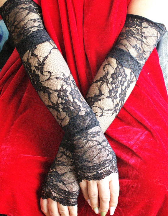 Long black  all lace fingerless gloves