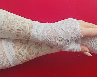 White  lace long fingerless wedding gloves