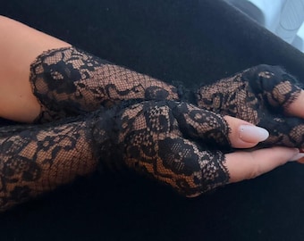 Black Floral Lace  Gloves |Mid arm Gothic Bridal Arm Warmers