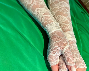 Beautiful ivory English rose design  lace long fingerless with lace trim  gloves