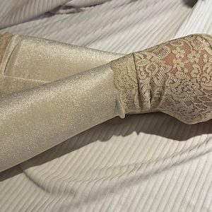 Long beige stretch velvet with lace fingerless gloves