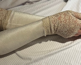 Long beige stretch velvet with lace fingerless gloves