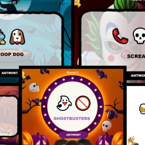 May include: A Halloween-themed game show with four different rounds. Each round features a different movie title and corresponding icons. The game show is set against a backdrop of bats, pumpkins, and a spooky forest.